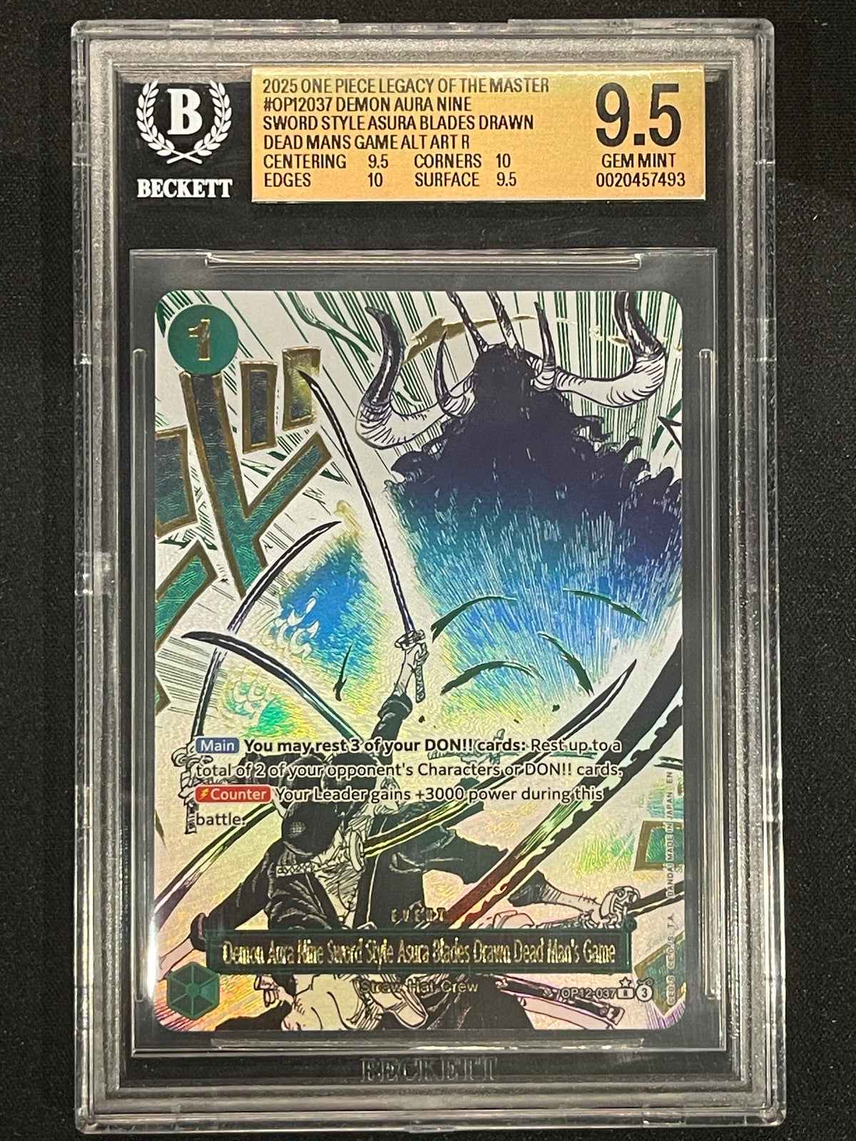 Demon Aura Nine Sword Style Asura Blades Drawn Dead Man's Game (Alternate Art) Legacy of the Master OP12-037 BGS 9.5
